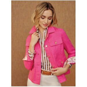 J.McLaughlin Willow Hot Pink Linen Utility Jacket Patterned Cuff M Gold Button